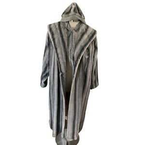Vintage 1960s‎ Gray Stripe Faux Fur Long Coat La France Lido w/Ear Scarf Hat M/L